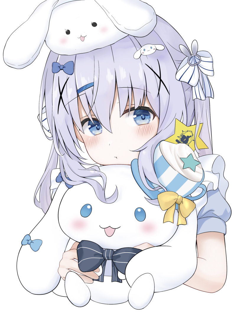 1girl :t absurdres blue_bow blue_eyes blush bow closed_mouth gochuumon_wa_usagi_desu_ka? hair_bow hair_ornament hair_ribbon hairclip highres holding holding_stuffed_toy hugging_object k12040707 kafuu_chino long_hair looking_at_viewer rabbit_hair_ornament ribbon short_sleeves sidelocks simple_background solo stuffed_animal stuffed_rabbit stuffed_toy upper_body white_background white_ribbon x_hair_ornament