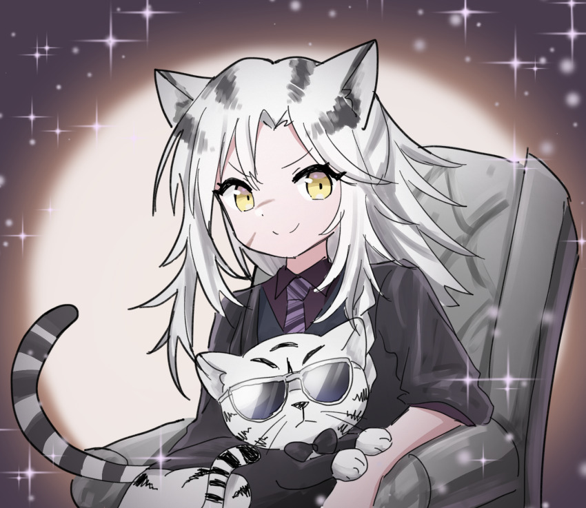 1girl animal_ears arknights black_jacket grey_hair highres indra_(arknights) indra_(valiant_general)_(arknights) jacket long_hair looking_at_viewer multicolored_hair open_clothes pants rinzy scar scar_on_face shirt smile tail tiger tiger_ears tiger_tail white_hair white_tiger yellow_eyes