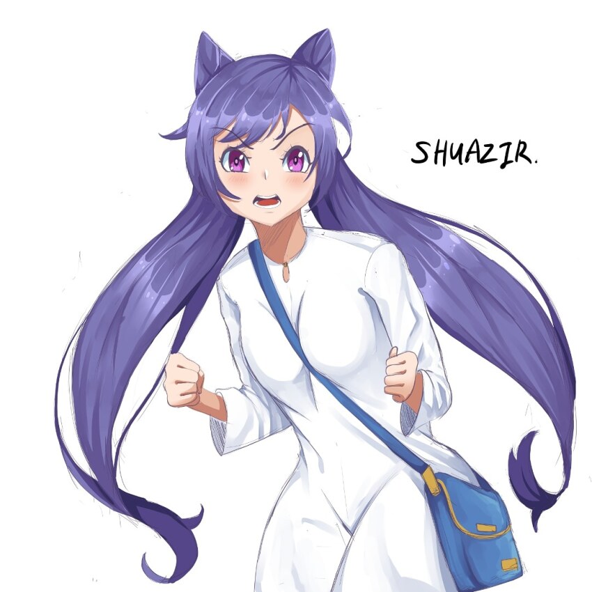 1girl angry bag baju_kurung breasts cone_hair_bun double_bun genshin_impact hair_bun hair_ears keqing_(genshin_impact) long_hair malaysian_clothes malaysian_secondary_school_uniform medium_breasts open_mouth purple_eyes purple_hair satchel school_uniform shuazir solo twintails