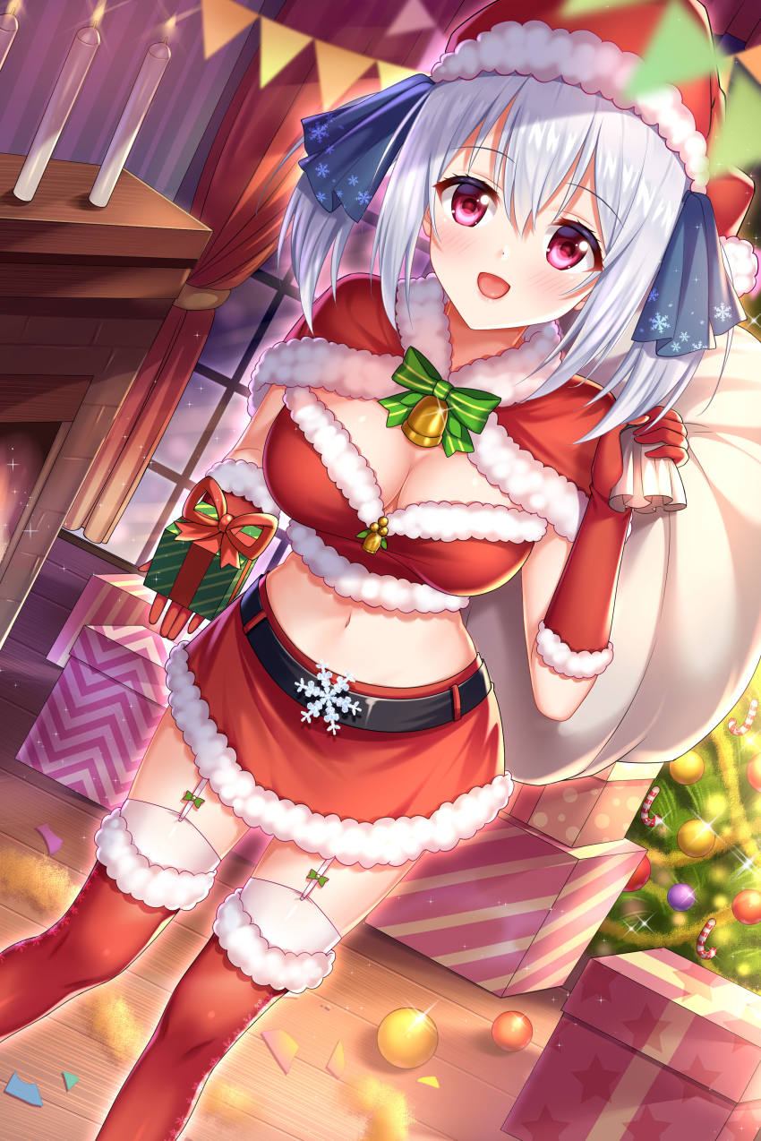 1girl :d absurdres bell belt blush boots box breasts candle candy candy_cane capelet christmas christmas_ornaments christmas_tree cierra_runis cleavage crop_top dutch_angle female_focus fireplace food fur-trimmed_capelet fur-trimmed_gloves fur-trimmed_legwear fur-trimmed_skirt fur_trim garter_straps gift gift_box gloves hat highres looking_at_viewer medium_breasts midriff miniskirt navel open_mouth overidea purple_eyes red_capelet red_gloves red_hat red_shirt red_skirt red_thighhighs sack sannio santa_costume shirt skirt smile snowflakes solo thigh_boots thighhighs twintails virtual_youtuber white_hair white_thighhighs window wooden_floor zettai_ryouiki