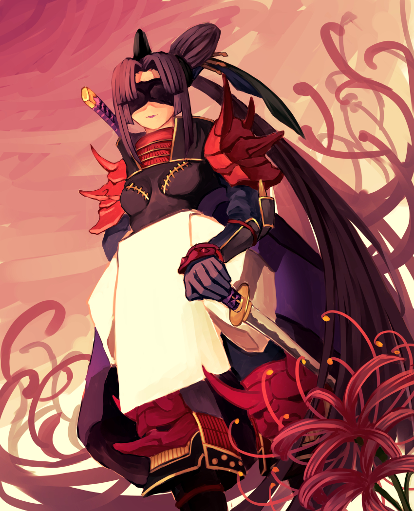1girl absurdres armor black_blindfold black_hair blindfold breasts closed_mouth commentary covered_eyes fate/grand_order fate_(series) flower hair_bun hat heian-kyou_(fate/grand_order) highres holding holding_sword holding_weapon japanese_armor japanese_clothes katana kote long_hair oranumu purple_lips red_flower side_ponytail sidelocks single_hair_bun small_breasts solo standing sword taira_no_kagekiyo_(fate) tate_eboshi ushiwakamaru_(fate) weapon