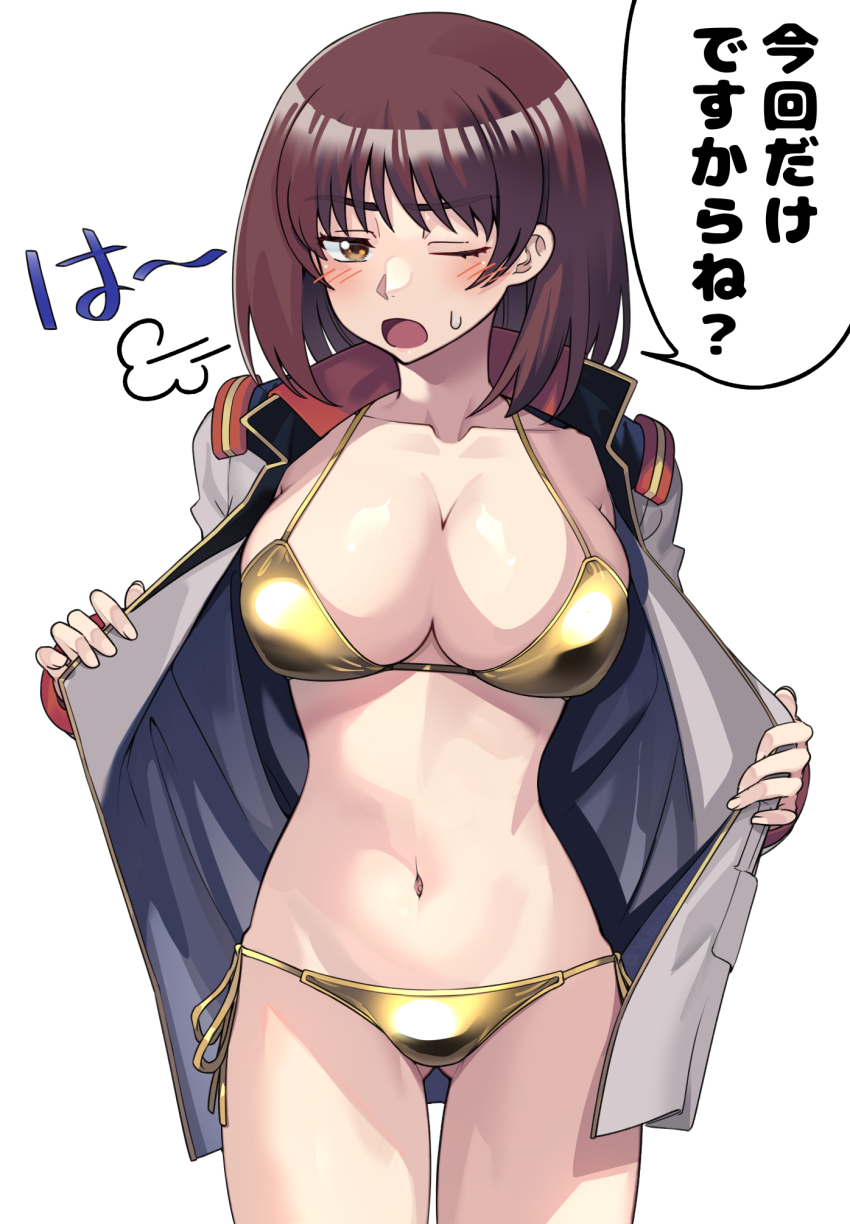 1girl bikini blush breasts brown_eyes brown_hair clothes_pull gold_bikini gundam gundam_lost_war_chronicles highres jacket large_breasts looking_at_viewer military military_jacket military_uniform noel_anderson one_eye_closed open_clothes open_jacket open_mouth pulling_own_clothes short_hair simple_background solo sweatdrop swimsuit undressing yamany