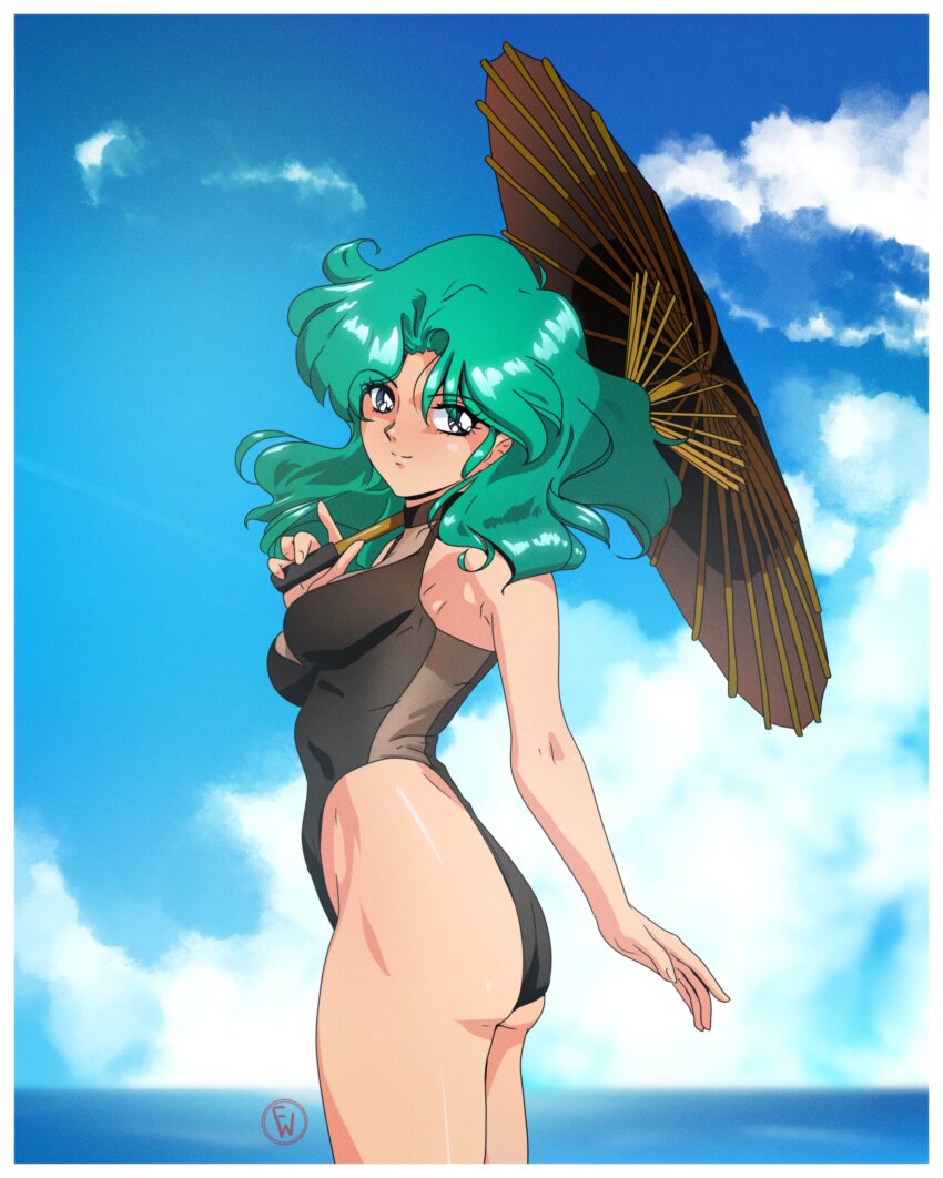 1girl absurdres armpit_peek ass bishoujo_senshi_sailor_moon black_one-piece_swimsuit blush breasts closed_mouth day fritz_willie green_eyes green_hair highleg highleg_one-piece_swimsuit highres holding holding_umbrella kaiou_michiru large_breasts long_hair looking_at_viewer ocean one-piece_swimsuit outdoors sailor_neptune sky smile solo swimsuit umbrella wide_hips
