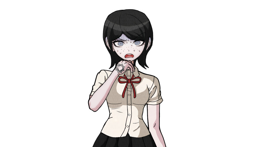 1girl absurdres black_hair black_skirt blue_eyes bow breasts danganronpa:_trigger_happy_havoc danganronpa_(series) drakidor female_focus freckles hand_tattoo hand_up highres ikusaba_mukuro looking_at_viewer medium_breasts neck_ribbon official_style pleated_skirt red_bow red_ribbon ribbon shirt simple_background skirt solo solo_focus surprised sweat sweatdrop tattoo tattoo_on_hand teeth third-party_edit tongue transparent_background upper_teeth_only white_shirt xxgoldmadnessxx