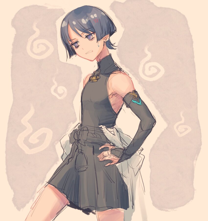 1boy anger_vein armor bare_shoulders belt black_belt black_bodysuit black_bow black_bridal_gauntlets black_hair black_rope black_sash black_shorts blunt_ends bodysuit bow bridal_gauntlets cowboy_shot genshin_impact gold_ring hakama hakama_shorts hand_on_own_hip highres japanese_armor japanese_clothes kimono_around_waist kote kurokote looking_to_the_side male_focus middle_ring open_mouth outline pleated_shirt purple_eyes rope sash scaramouche_(genshin_impact) shorts simple_background sketch solo sweat swirl three_quarter_view turtleneck turtleneck_bodysuit wanderer_(genshin_impact) white_mouth white_outline xiao_kaya