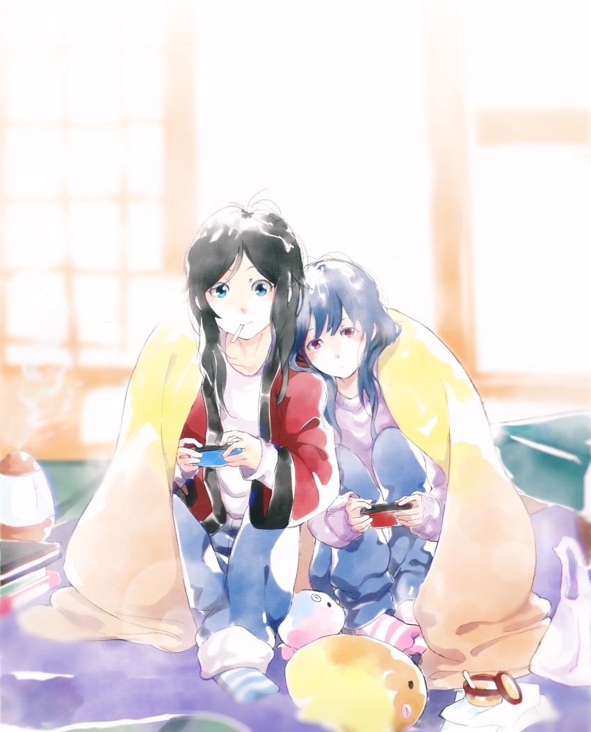 10kanaga 2girls absurdres black_hair blanket blue_eyes blue_hair blue_pants blush closed_mouth controller faux_traditional_media head_tilt hibike!_euphonium highres holding holding_controller indoors kasaki_nozomi leaning_on_person liz_to_aoi_tori long_hair long_sleeves looking_at_viewer multiple_girls pants pink_sweater red_eyes red_shirt shirt sitting socks sweater yoroizuka_mizore