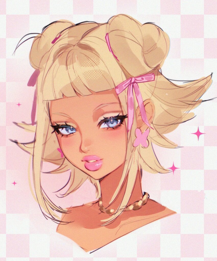 1girl blonde_hair blue_eyes butterfly_earrings checkered_background commentary cropped_head double_bun earrings english_commentary eyelashes eyeshadow film_grain flipped_hair four-pointed_star gold_necklace hair_bun hair_ribbon heart_hair_bun highres jewelry looking_down makeup necklace noisykoala original parted_hair parted_lips pink_background pink_lips pink_ribbon ribbon short_bangs short_hair short_hair_with_long_locks sketch tan teeth thick_lips two-tone_eyeshadow white_eyeshadow yellow_eyeshadow