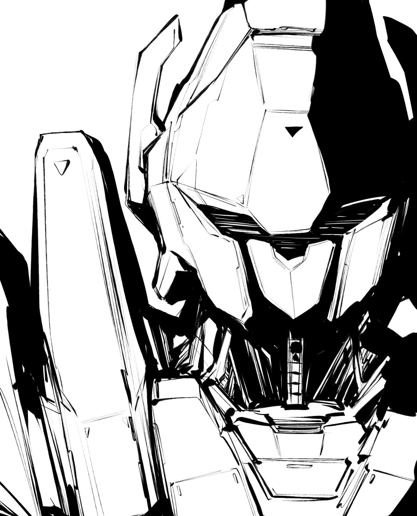 absurdres greyscale highres juusenki_l-gaim kato_takuji l-gaim looking_at_viewer mecha mecha_focus monochrome no_humans portrait robot science_fiction sketch solo visor white_background