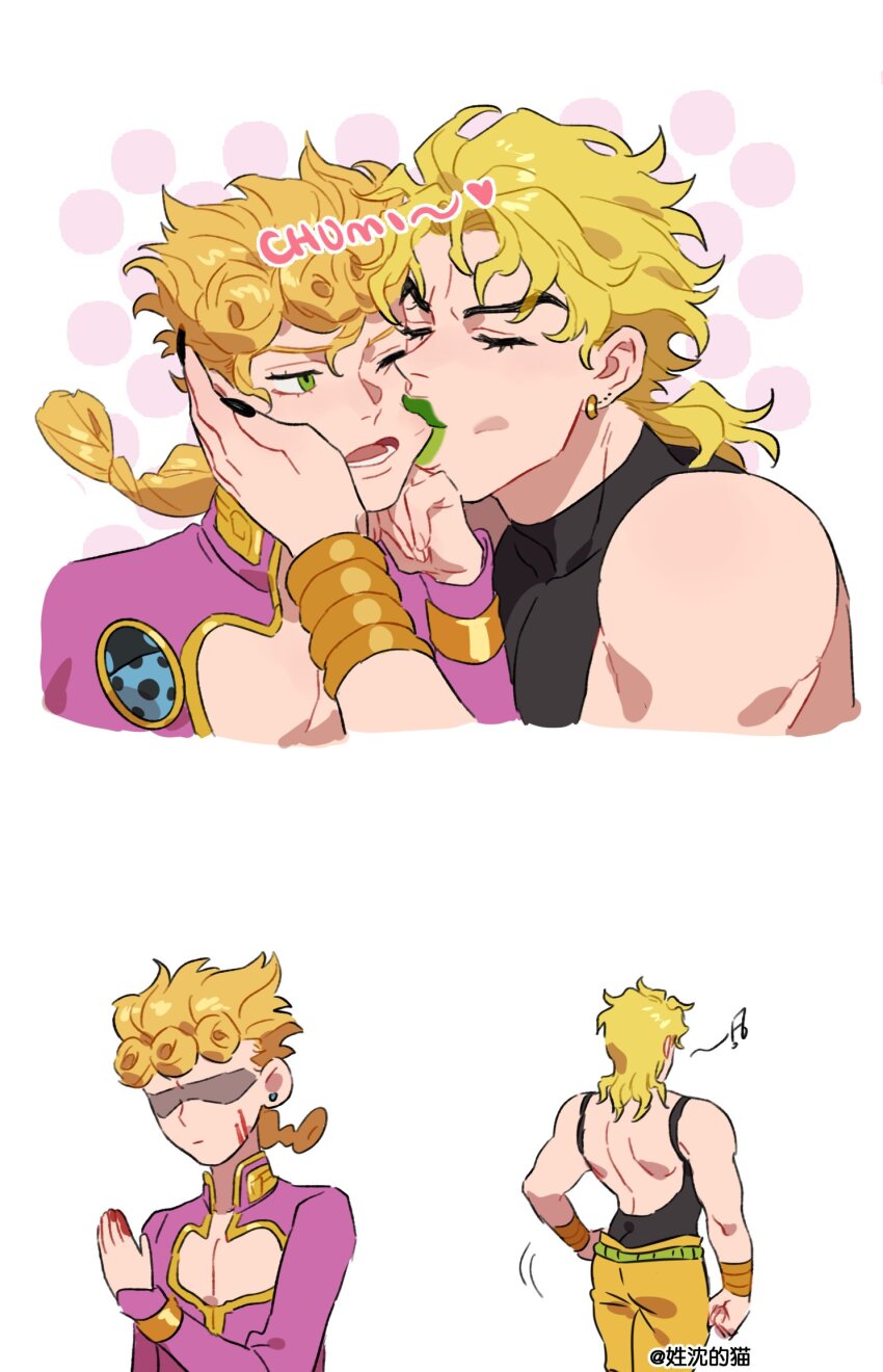 2boys biting_cheek black_nails blonde_hair blood bracelet braid bug closed_eyes dio_brando father_and_son giorno_giovanna green_eyes green_lips highres honlo insect jewelry jojo_no_kimyou_na_bouken kissing_cheek ladybug long_hair multiple_boys muscular muscular_male vampire vento_aureo