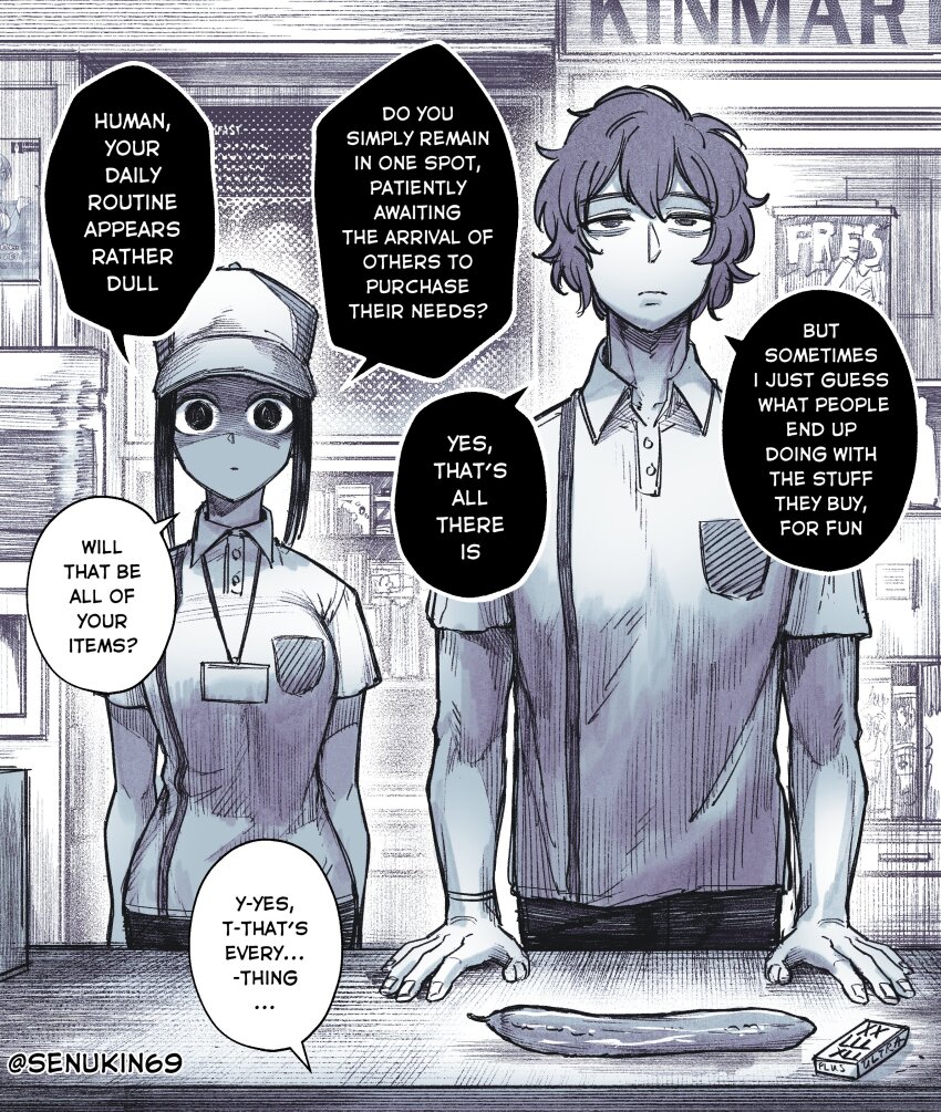 1boy 1girl absurdres artist_name breast_pocket breasts buttons closed_mouth commentary counter cucumber double-parted_bangs english_commentary english_text greyscale hand_rest hat highres id_card lanyard looking_at_viewer monochrome my_co-worker_is_an_eldritch_x no_pupils pants pocket senukin shirt short_hair short_hair_with_long_locks short_sleeves sidelocks speech_bubble talking wing_collar