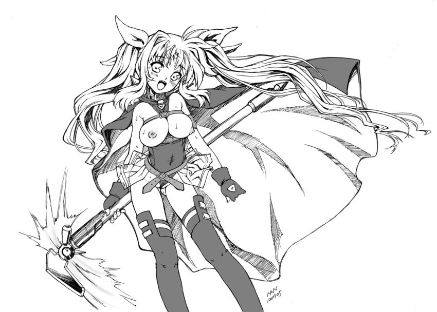 00s 1girl :d bardiche_(nanoha) bardiche_(scythe_form)_(nanoha) belt blush bow buckle cape cleft_of_venus energy_blade fate_testarossa female_focus fingerless_gloves gloves greyscale hair_bow long_hair lyrical_nanoha mahou_shoujo_lyrical_nanoha monochrome nanjou_asuka open_mouth scythe smile solo thighhighs twintails wedgie