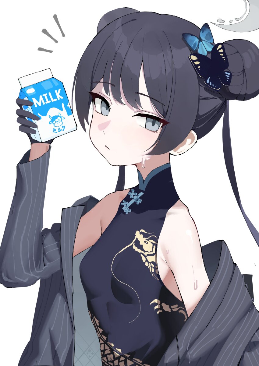 1girl absurdres bare_shoulders black_dress blue_archive breasts butterfly_hair_ornament china_dress chinese_clothes commentary djan double_bun dragon_print dress grey_eyes grey_halo grey_jacket hair_bun hair_ornament halo highres jacket kisaki_(blue_archive) milk_carton open_clothes open_jacket pinstripe_jacket pinstripe_pattern print_dress simple_background small_breasts solo striped_clothes striped_jacket surprised sweat two-sided_fabric two-sided_jacket upper_body vertical-striped_clothes vertical-striped_jacket white_background