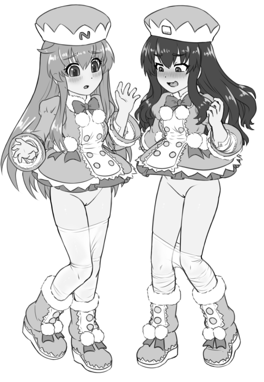 2girls alloyrabbit blush boots bottomless bow bowtie buttons cleft_of_venus clothes_pull coat cosplay double-breasted embarrassed female_focus full_body greyscale hair_between_eyes hands_up hat highres knees_together_feet_apart leg_up long_hair looking_at_another looking_down monochrome multiple_girls nepgear neptune_(series) no_panties open_mouth pantyhose pantyhose_around_knees pantyhose_pull pom_pom_(clothes) pussy ram_(neptunia) ram_(neptunia)_(cosplay) rom_(neptunia) rom_(neptunia)_(cosplay) see-through_clothes standing standing_on_one_leg uncensored undersized_clothes uni_(neptunia) upskirt very_long_hair wide_sleeves