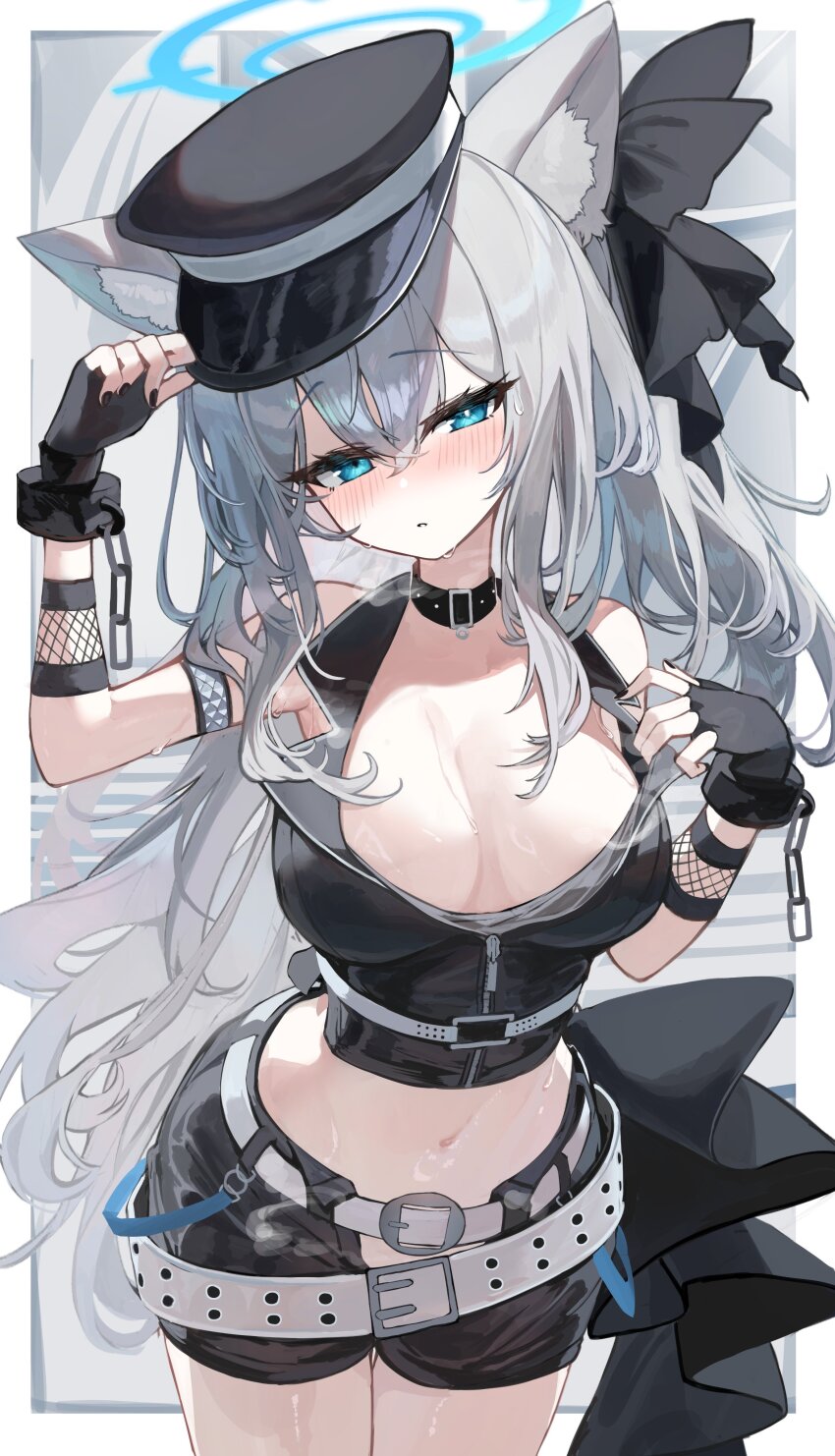 1girl absurdres alternate_costume alternate_hair_length alternate_hairstyle animal_ear_fluff animal_ears belt black_collar black_gloves black_hat black_nails black_shorts black_vest blue_archive blue_halo blush border breasts closed_mouth collar commentary_request cosplay crop_top fingerless_gloves fingernails gloves grey_background halo hat highres kabedoru long_hair looking_at_viewer medium_breasts midriff nail_polish navel nose_blush outside_border peaked_cap serika_(blue_archive) serika_(blue_archive)_(cosplay) serika_(idol)_(blue_archive) shiroko_(blue_archive) short_shorts shorts solo stomach very_long_hair vest white_belt white_border wolf_ears wolf_girl