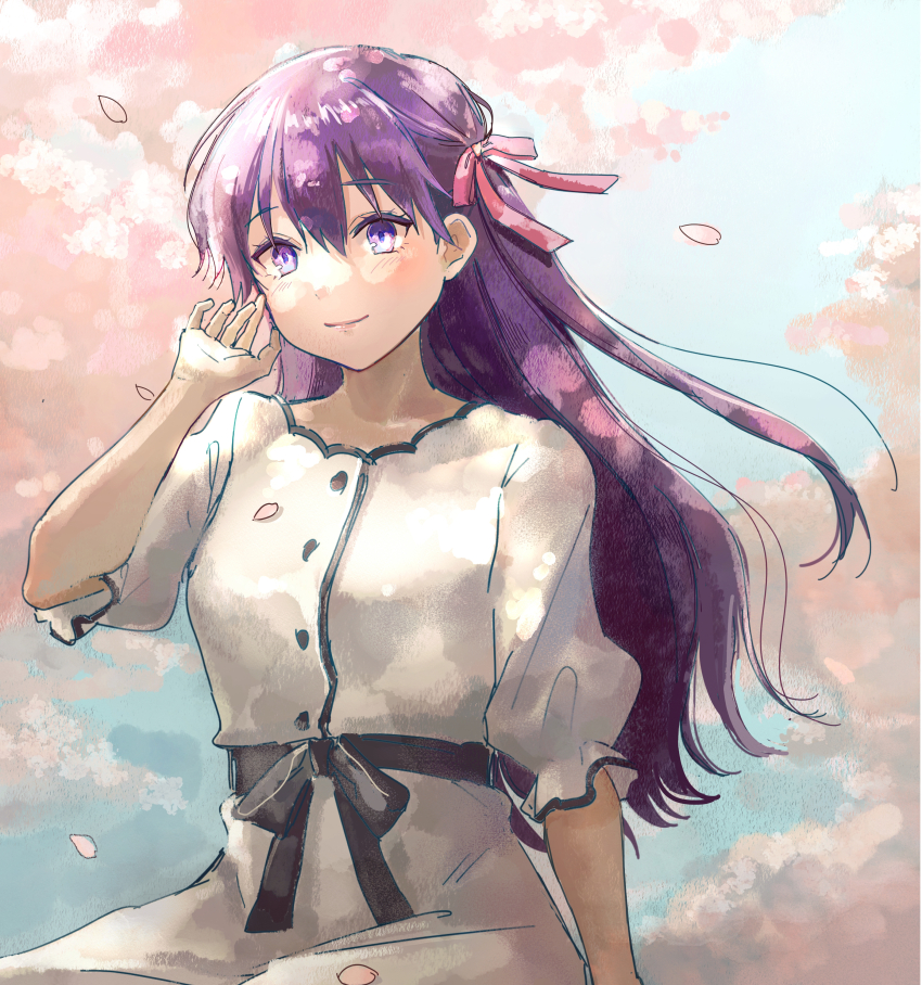 1girl absurdres blush cherry_blossoms closed_mouth commentary dress fate/stay_night fate_(series) hair_between_eyes hair_ribbon hanami highres long_hair looking_at_viewer matou_sakura pink_ribbon purple_eyes purple_hair ribbon smile solo tanatu_0 white_dress