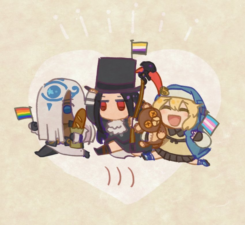 3boys :d ascot baguette black_gloves black_skirt blue_eyes blush bread bridget_(guilty_gear) chibi closed_eyes flag food gloves guilty_gear guilty_gear_strive guilty_gear_xrd hat heart holding holding_flag holding_food holding_scythe holding_stuffed_toy holding_weapon lgbt_pride motion_lines multiple_boys non-open_mouth open_mouth paseritaberuman politics rainbow_flag red_eyes roger_(guilty_gear) scythe shrug_(clothing) skirt smile standing stuffed_animal stuffed_toy teddy_bear testament_(guilty_gear) top_hat venom_(guilty_gear) walking weapon