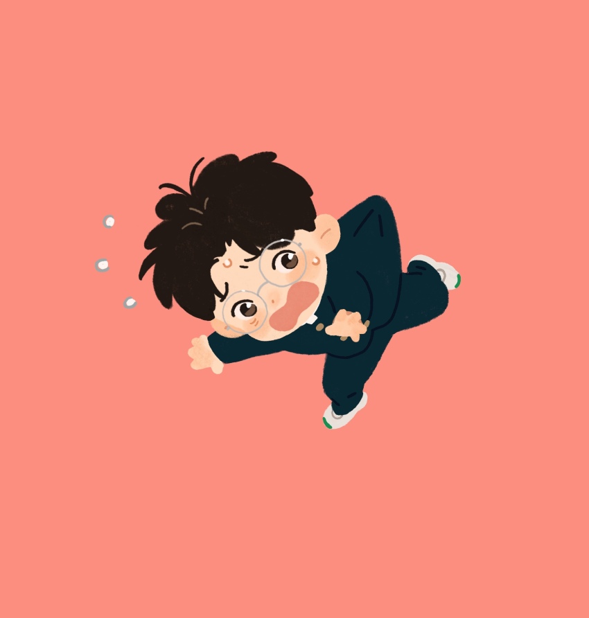1boy black_jacket black_pants brown_eyes brown_hair chengongzi123 chibi commentary floating flying_sweatdrops full_body gakuran glasses highres jacket kogure_kiminobu long_sleeves looking_at_viewer male_focus open_mouth pants pink_background round_eyewear school_uniform short_hair simple_background slam_dunk_(series) solo symbol-only_commentary very_short_hair