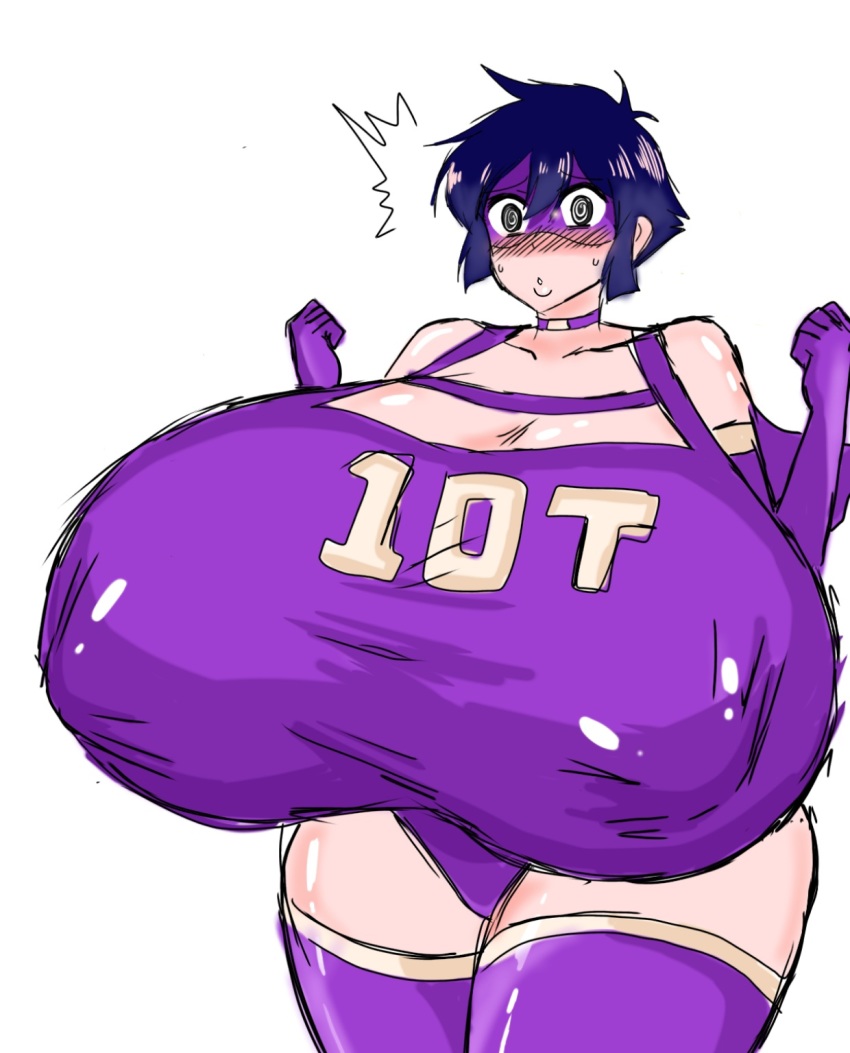 10-ton 1girl @_@ black_eyes blue_hair blush boku_no_hero_academia breasts cape choker cleavage_cutout clothes_writing clothing_cutout covered_erect_nipples embarrassed eye_mask gigantic_breasts gloves highres leotard lips long_image mask momijizx purple_cape purple_gloves purple_leotard purple_mask pursed_lips shiny_clothes shiny_skin sidelocks solo superhero_costume surprised sweat tall_image thighhighs white_background