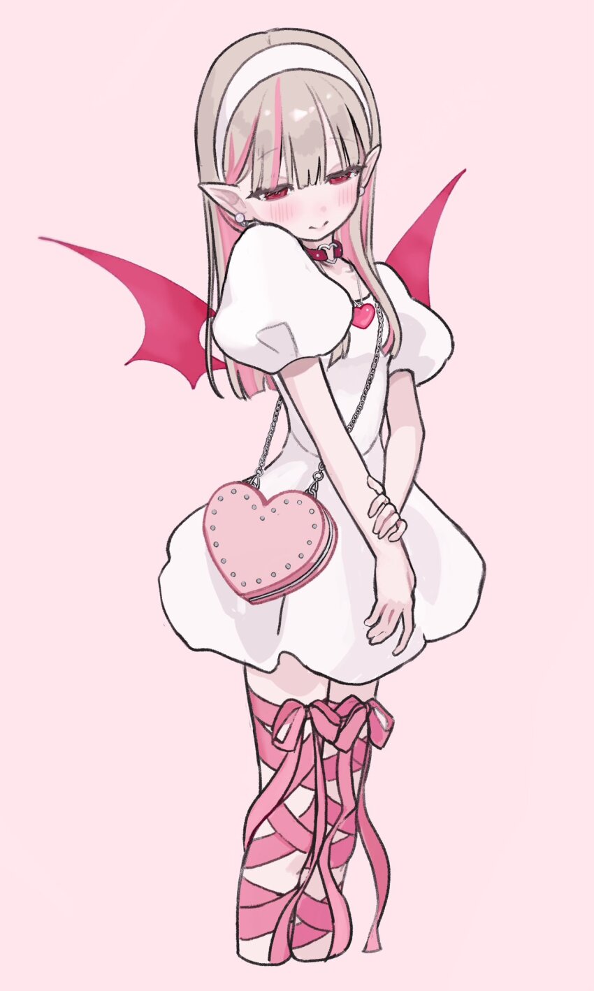 1girl alternate_costume bag brown_hair buckle choker closed_mouth colored_inner_hair cropped_legs demon_wings dress earrings hairband half-closed_eyes hashtag-only_commentary heart heart-shaped_bag heart-shaped_buckle heart_necklace highres jewelry leg_ribbon long_hair looking_down makaino_ririmu multicolored_hair necklace nijisanji pink_background pink_eyes pink_hair pink_ribbon pointy_ears potepote_lp puffy_short_sleeves puffy_sleeves ribbon short_sleeves shoulder_bag simple_background solo standing stud_earrings two-tone_hair virtual_youtuber white_dress wings