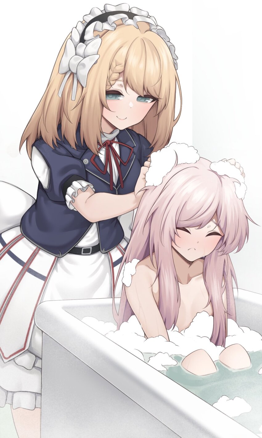 2girls act_(xadachit) bathing bathtub blonde_hair blue_eyes centaureissi_(girls&#039;_frontline_2) foam frills g36_(girls&#039;_frontline) girls&#039;_frontline highres maid maid_headdress melanie_(girls&#039;_frontline_2) multiple_girls pink_hair red_ribbon ribbon shampoo water