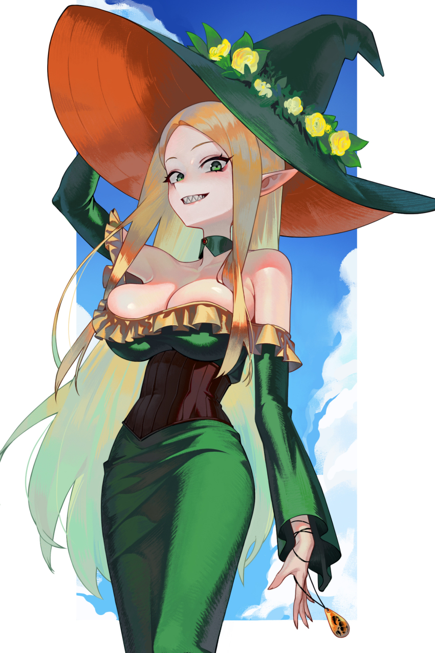 1girl black_corset blonde_hair blue_sky border breasts choker cleavage cloud cloudy_sky commentary corset dress elf feet_out_of_frame flower frilled_dress frills gemi_ningen green_choker green_dress green_eyes green_hat hat hat_flower highres large_breasts long_hair looking_at_viewer off-shoulder_dress off_shoulder original outside_border pathfinder pointy_ears sharp_teeth sky smile solo standing teeth white_border witch witch_hat yellow_flower