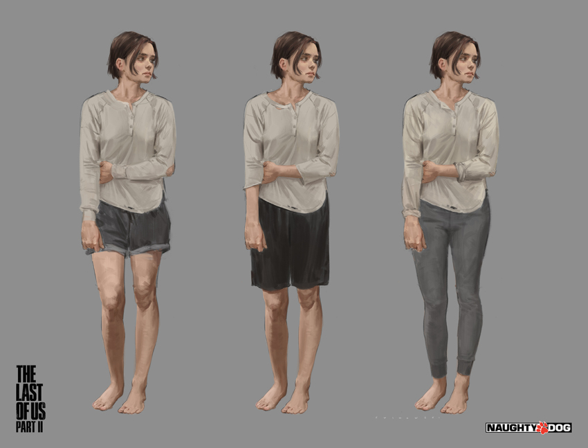 1girl ashley_swidowski barefoot black_shorts brown_hair concept_art ellie_(the_last_of_us) grey_background grey_pants grey_shorts long_sleeves official_art pajamas pants short_hair shorts sleepwear the_last_of_us_(series) the_last_of_us_2
