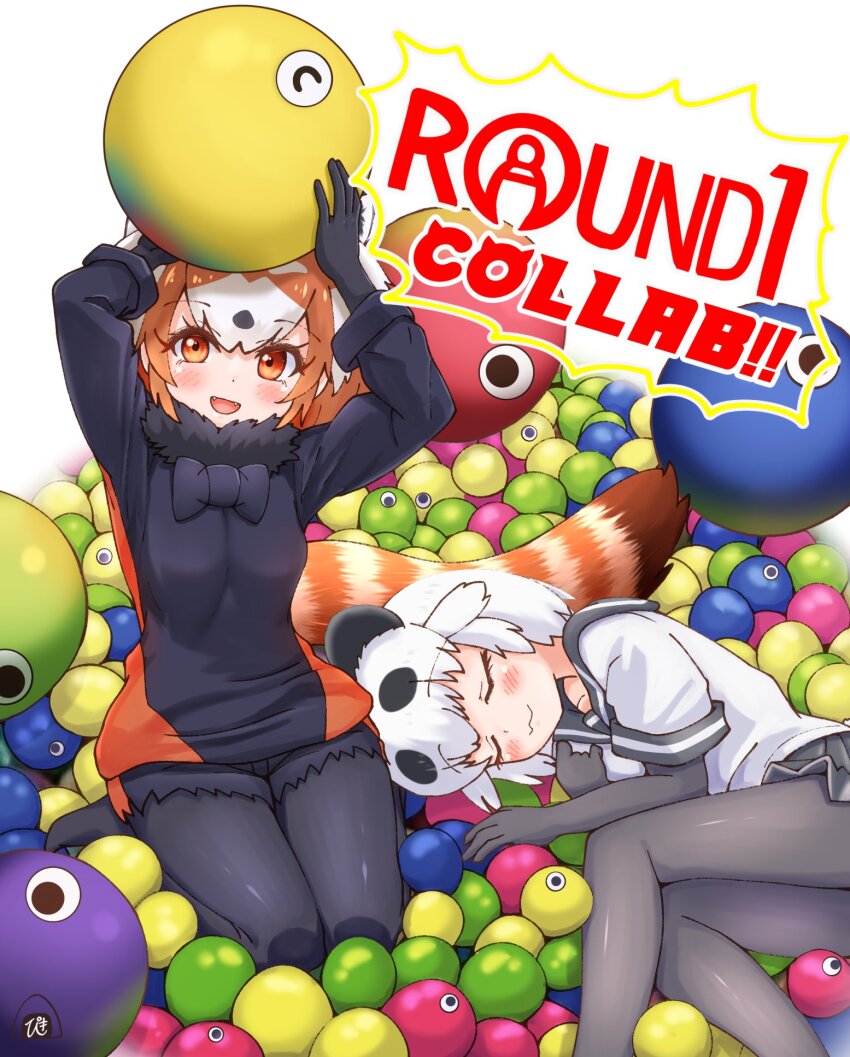 2girls :3 animal_ears ball black_bow black_bowtie black_fur black_gloves black_pantyhose black_shorts black_skirt black_sweater black_trim blush bow bowtie closed_eyes cutoffs elbow_gloves fur_collar giant_panda_(kemono_friends) gloves hair_between_eyes highres kemono_friends long_sleeves lying multiple_girls on_side orange_eyes orange_hair orange_sweater panda_ears panda_girl panda_tail pantyhose piki_(zuru-pikio) pleated_skirt red_panda_(kemono_friends) red_panda_ears red_panda_girl red_panda_tail round1 sailor_collar school_uniform serafuku shirt short_shorts short_sleeves shorts sidelocks skirt sleeping sweater t-shirt two-tone_sweater white_shirt