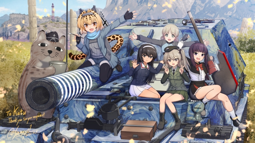 1other 5girls :d aki_(girls_und_panzer) beret black_gloves black_hair black_headwear black_jacket black_necktie black_pantyhose black_ribbon blonde_hair blue_jacket blunt_bangs borrowed_character brown_eyes brown_footwear collared_shirt commentary_request commission dated double_v dress_shirt elefant emblem fingerless_gloves garrison_cap girls_und_panzer gloves green_eyes green_shirt green_skirt grey_sweater hair_intakes hair_ribbon hairband hat highres jacket japanese_tankery_league_(emblem) keizoku_military_uniform light_brown_hair loafers long_hair long_sleeves looking_at_viewer low_twintails military military_hat military_vehicle motor_vehicle multicolored_hair multiple_girls necktie one_side_up ooarai_military_uniform open_mouth original pantyhose pleated_skirt purple_eyes purple_hair raglan_sleeves reizei_mako ribbed_sweater ribbon selection_university_military_uniform shimada_arisu shinmai_(kyata) shirt shoes short_hair short_twintails shorts skeb_commission skirt smile sweater tail tank track_jacket twintails twitter_username two-tone_hair v white_hairband white_shirt white_skirt world_of_tanks