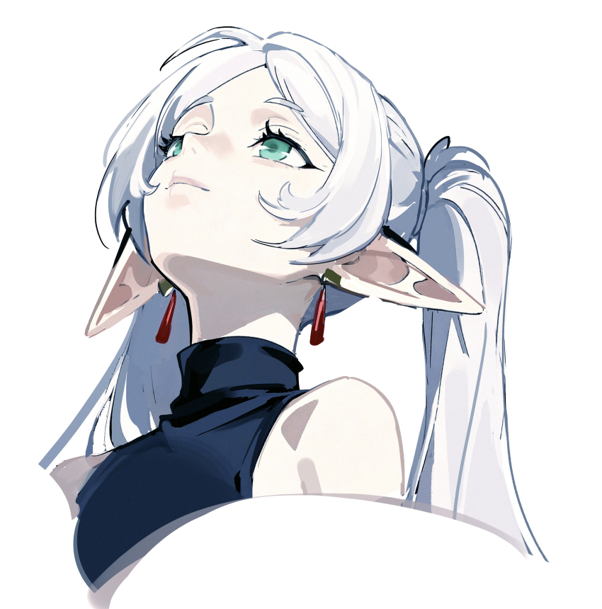 1girl absurdres bare_shoulders black_shirt closed_mouth cropped_shoulders earrings elf frieren green_eyes highres jewelry jiangjiangjiangqiu long_hair looking_up meme pointy_ears portrait shirt sleeveless sleeveless_shirt solo sousou_no_frieren teardrop_earrings turtleneck turtleneck_shirt twintails upward_angle_frieren_drawing_(meme) white_background white_hair