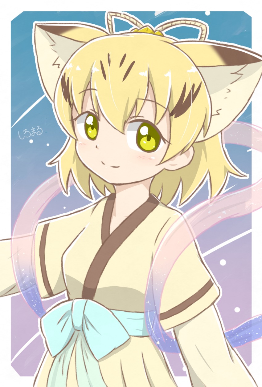 10s 1girl alternate_costume animal_ears artist_name bad_id bad_pixiv_id blonde_hair cat_ears commentary_request cosplay extra_ears female_focus green_eyes highres japanese_clothes kemono_friends looking_at_viewer orihime_(cosplay) orihime_(tanabata) sand_cat_(kemono_friends) shawl shiraha_maru short_hair smile solo