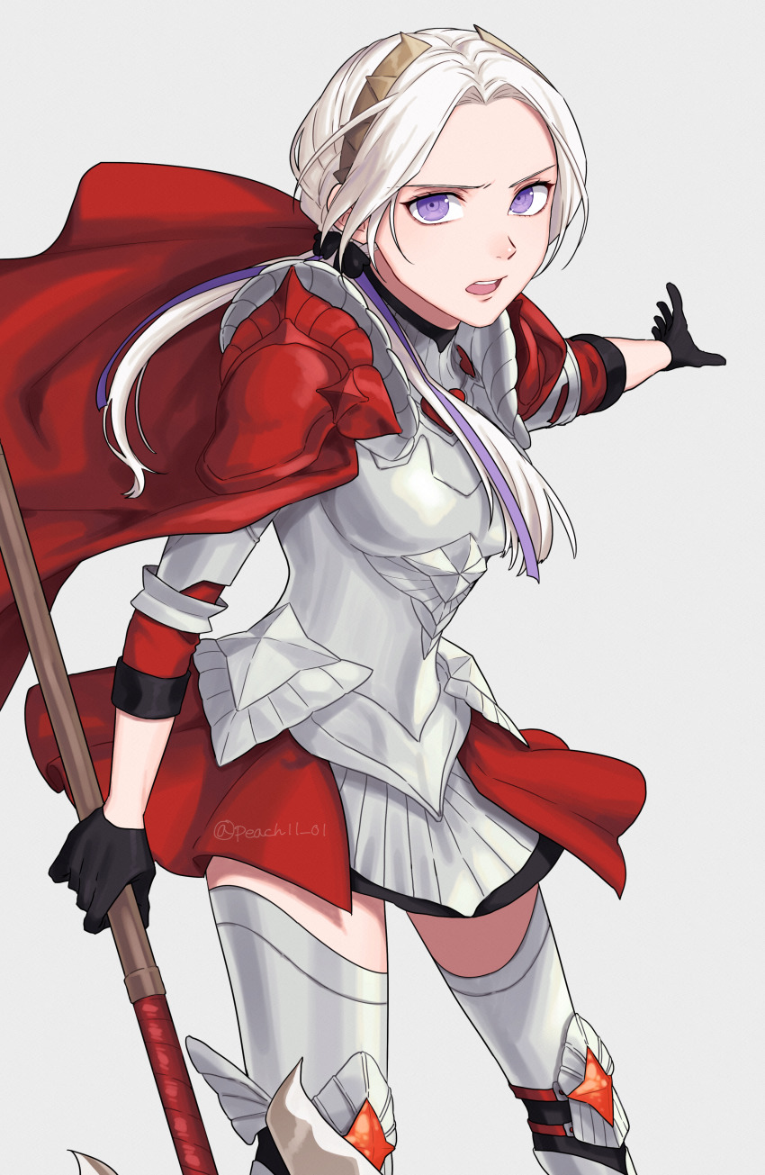 1girl absurdres armor armored_dress axe aymr_(fire_emblem) black_gloves cape cowboy_shot dress edelgard_von_hresvelg fire_emblem fire_emblem:_three_houses fire_emblem_warriors fire_emblem_warriors:_three_hopes gloves hair_ornament hair_ribbon highres holding holding_axe leg_armor long_hair looking_at_viewer nintendo open_mouth outstretched_arm purple_eyes purple_ribbon red_cape ribbon shamu_(peach11_01) simple_background solo thighhighs thighs white_hair zettai_ryouiki