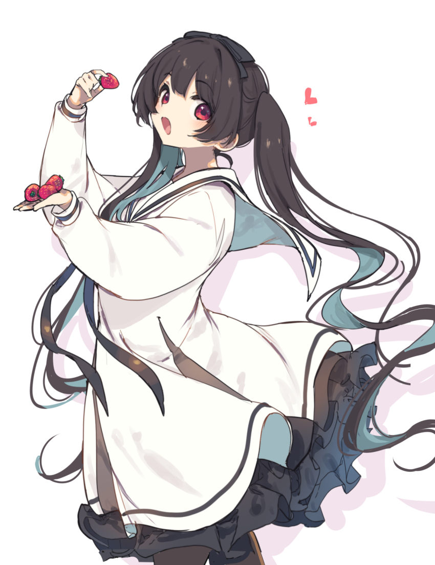 1girl :d black_bow black_pantyhose bow commentary_request cowboy_shot dress food frilled_dress frills fruit hair_bow hamayumiba_sou heart highres holding holding_food holding_fruit long_hair long_sleeves looking_at_viewer midori_hemo ochikobore_fruit_tart open_mouth pantyhose red_eyes sailor_collar sailor_dress simple_background smile solo strawberry twintails very_long_hair white_background white_dress white_sailor_collar