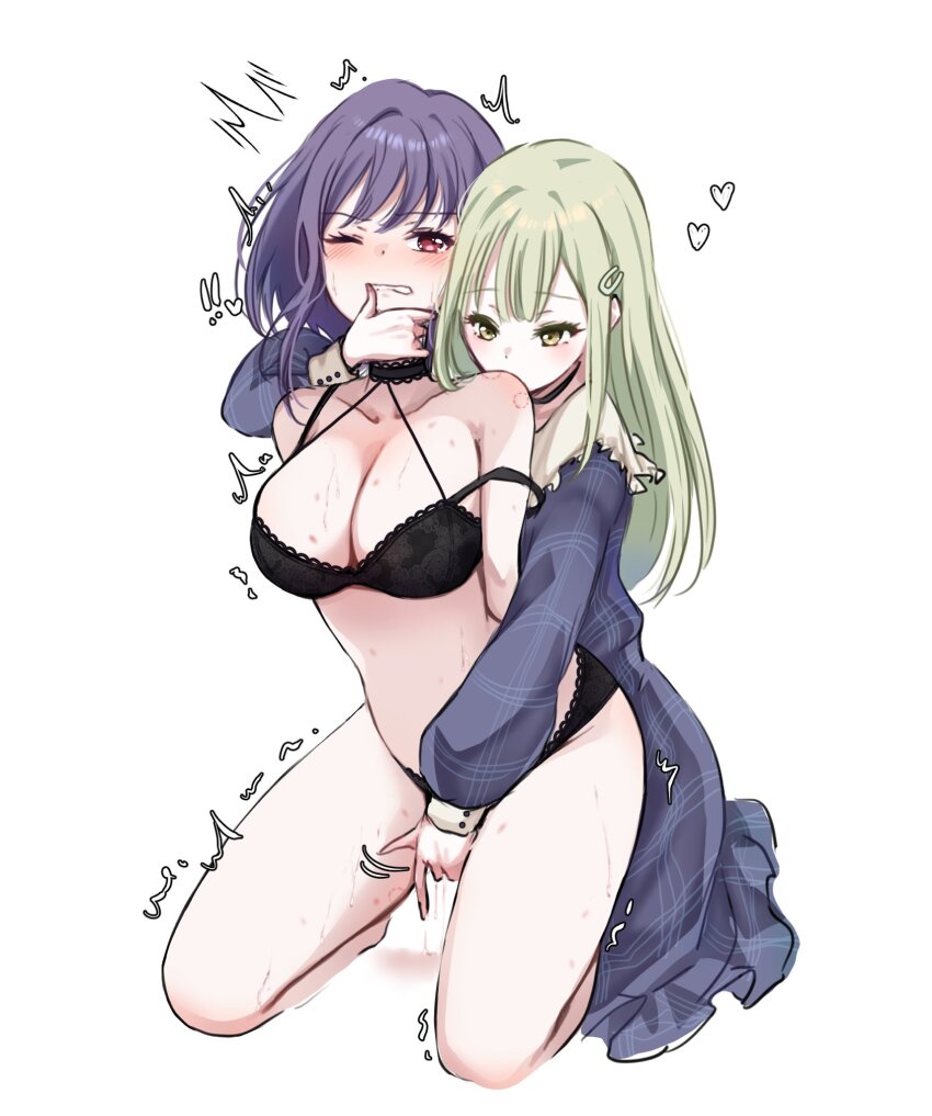 ! !! 2girls bang_dream! bang_dream!_it&#039;s_mygo!!!!! bite_mark bite_mark_on_shoulder biting biting_another&#039;s_shoulder black_panties blue_dress blush breasts cleavage dress fingering green_hair hair_ornament hairclip hashtag-only_commentary heart hickey highres kneeling large_breasts long_hair long_sleeves multiple_girls one_eye_closed panties parted_lips pink_eyes ppora purple_hair pussy_juice reach-around simple_background sweat underwear wakaba_mutsumi white_background yellow_eyes yuri yuutenji_nyamu