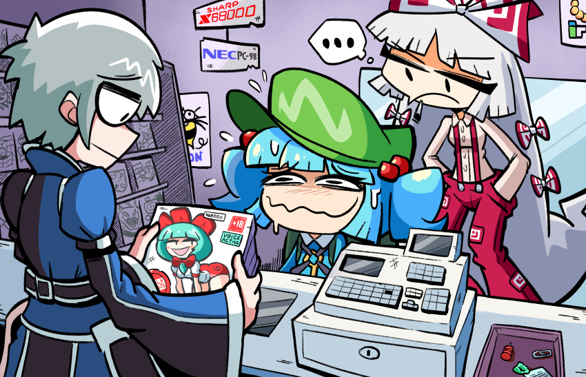 ... 1boy 2girls blue_hair bomberman bow cash_register chewing_gum cigarette commentary copyright_request english_commentary flat_cap flying_sweatdrops fujiwara_no_mokou green_hat grey_hair hair_bow hands_in_pockets hat highres hudson indoors kagiyama_hina kawashiro_nitori kevin_arthur key long_hair long_sleeves morichika_rinnosuke multiple_girls nintendo pants paperclip pornography red_pants shirt short_hair speech_bubble spoken_ellipsis the_legend_of_zelda the_legend_of_zelda_(nes) thought_bubble thumbtack touhou two_side_up very_long_hair wavy_mouth white_shirt