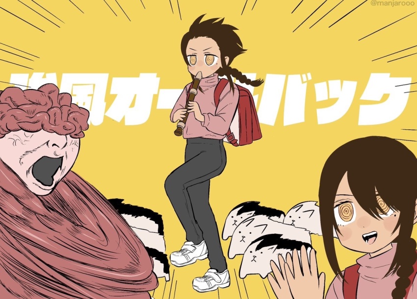 backpack bag bangs_blown_up black_pants braid braided_ponytail brown_eyes chainsaw_man clapping crossover flute holding holding_flute holding_instrument instrument kyoufuu_all_back_(vocaloid) manjarooo marching mole mole_under_eye music nayuta_(chainsaw_man) open_mouth pants pink_sweater playing_flute playing_instrument randoseru recorder red_bag ringed_eyes shoes sidelocks simple_background sneakers sweater teeth typhoon_devil_(chainsaw_man) white_shoes yellow_background