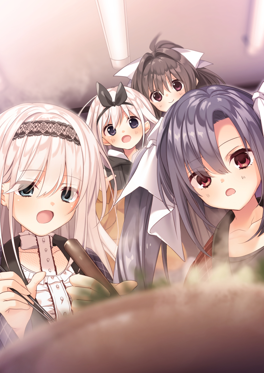 4girls :d :o ahoge aqua_eyes black_hair black_hairband black_ribbon blurry blush brown_hair center_frills chopsticks closed_mouth collarbone commentary_request depth_of_field eyes_visible_through_hair frilled_shirt frills grey_eyes hair_between_eyes hair_intakes hair_ribbon hairband hand_up highres hikawa_rina hikawa_ruriwo holding holding_chopsticks indoors kawachino_suzuna kawachino_yuumi long_hair looking_at_food looking_at_viewer multiple_girls open_mouth pyuchi red_eyes ribbon sakura_no_uta shirt smile steam twintails upper_body white_hair white_ribbon