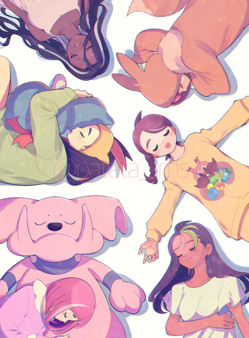 6+girls amarys_(pokemon) berry_(pokemon) black_hair bluk_berry braid brown_hair carmine_(pokemon) character_doll cosplay creatures_(company) dark-skinned_female dark_skin dress dunsparce eevee eevee_(cosplay) game_freak gen_1_pokemon gen_2_pokemon gen_8_pokemon granbull greedent green_hair green_sweater grepa_berry grey_hair hairband highres holding holding_stuffed_toy hood hood_up hugging_doll hugging_object juliana_(pokemon) lacey_(pokemon) leppa_berry long_hair long_sleeves mole mole_under_eye multicolored_hair multiple_girls nemona_(pokemon) nintendo oran_berry patata_sms penny_(pokemon) pink_hair pokemon pokemon_(creature) pokemon_sv purple_sweater rawst_berry red_hair shirt short_hair sleeping stuffed_toy sweater twitter_username two-tone_hair white_dress white_shirt yellow_hairband yellow_sweater
