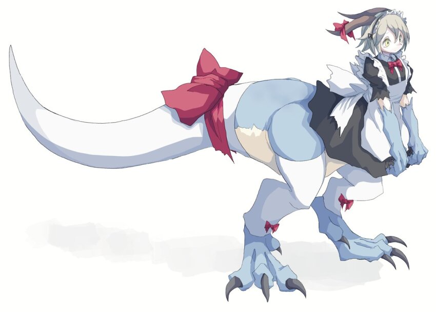 1girl 4138 animal_hands apron black_dress blonde_hair blue_skin bow bow_legwear bowtie brown_horns claws colored_skin digitigrade dinosaur_girl dress from_side full_body horn_bow horn_ornament horns maid maid_apron maid_headdress monster_girl original red_bow red_bowtie short_hair simple_background solo standing tail tail_bow tail_ornament taur thighhighs white_apron white_background white_thighhighs yellow_eyes