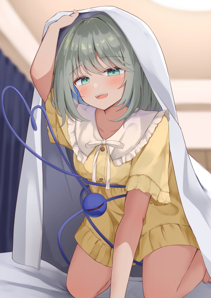 1girl :d alternate_costume arm_up barefoot blanket blush breasts collarbone commentary curtains green_eyes green_hair heart heart_of_string highres holding holding_blanket indoors kirikaze_ren kneeling komeiji_koishi looking_at_viewer medium_breasts medium_hair on_bed open_mouth pajamas short_sleeves smile solo teeth third_eye touhou under_covers upper_teeth_only yellow_pajamas