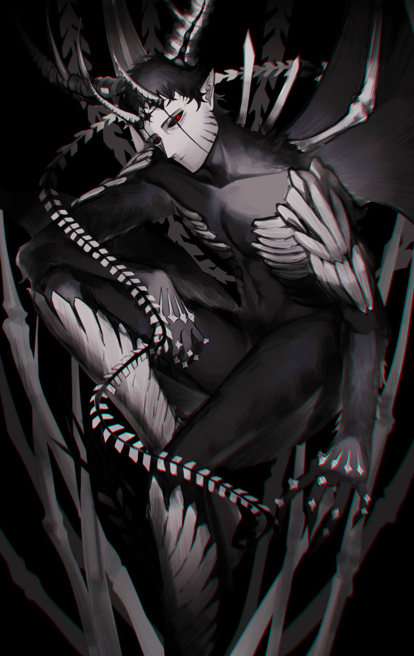 1boy abs absurdres alternate_eye_color alternate_form arm_on_knee armor black_clover black_sclera black_skin bone bone_armor chromatic_aberration collarbone colored_sclera colored_skin demon_boy demon_horns demon_wings facial_mark feet_out_of_frame frit_2 highres horns looking_at_viewer magic male_focus monochrome multicolored_skin multiple_horns pectoral_cleavage pectorals pointy_ears possessed red_eyes shin_guards sitting skeletal_wings slit_pupils solo spot_color tail thighs two-tone_skin wings zenon_zogratis
