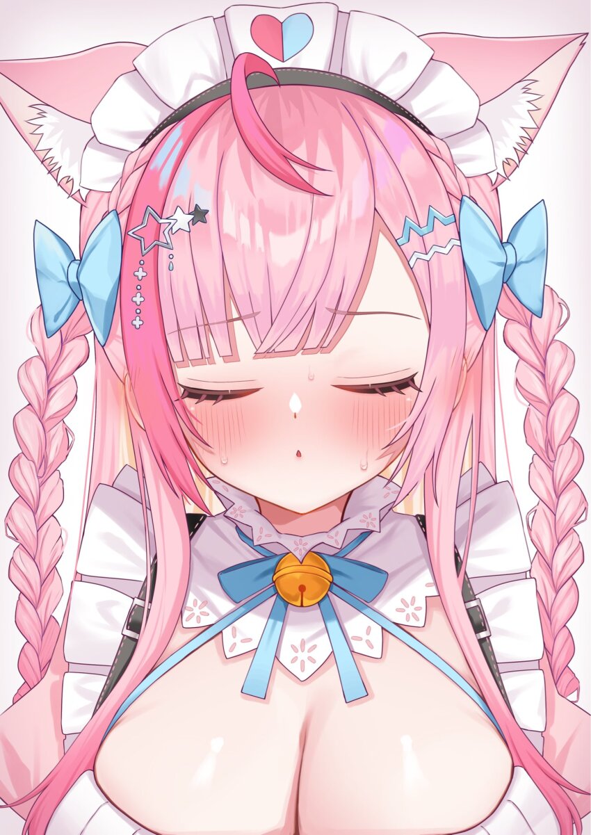 1girl ahoge ame_(rakugaki_0922) animal_ears bell blue_bow blue_ribbon blush bow braid breasts cat_ears cat_girl cat_hair_ornament cleavage close-up closed_eyes dress extra_ears food hair_bow hair_ornament hairclip heart heart_print highres indie_virtual_youtuber jingle_bell large_breasts long_hair maid maid_headdress neck_bell neck_ribbon open_mouth pink_dress pink_hair ribbon solo star_(symbol) star_hair_ornament suspenders sweat two_side_up virtual_youtuber white_dress yuuki_sakuna yuuki_sakuna_(3rd_costume)