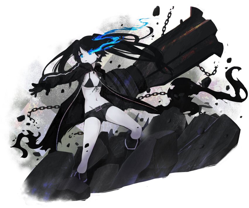 1girl absurdres belt bikini black_bikini black_coat black_gloves black_hair black_rock_shooter black_rock_shooter_(character) black_shorts blue_fire cannon coat fire flaming_eye gloves highres long_hair open_clothes pale_skin scar shorts suweeka swimsuit