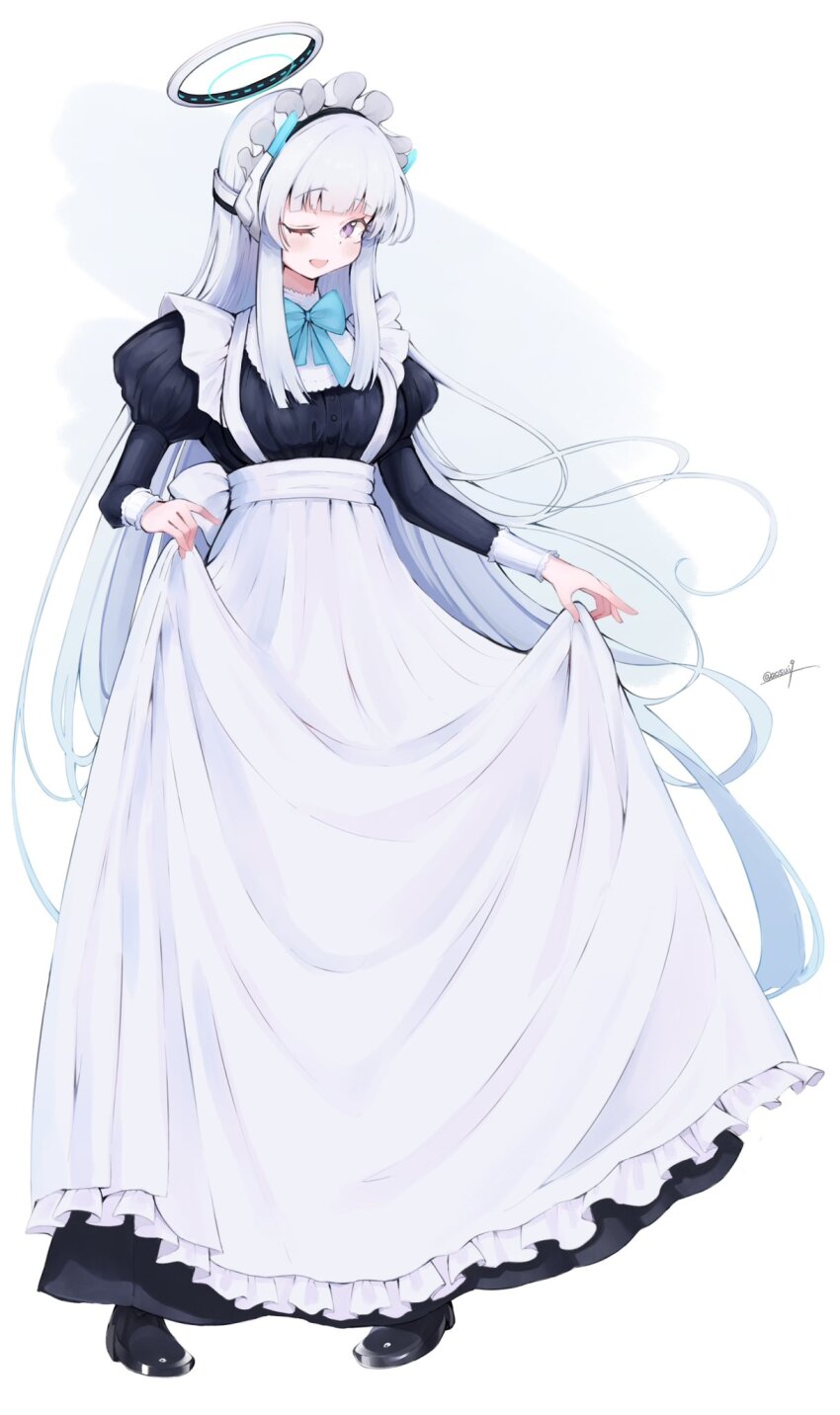 1girl alternate_costume artist_name black_dress black_shoes blue_archive blue_bow blue_bowtie blunt_ends blush bow bowtie caff_(aosui9) commentary dot_nose dress floating_hair full_body halo highres juliet_sleeves layered_dress lifting_own_clothes long_dress long_hair long_sidelocks long_sleeves looking_at_viewer maid maid_headdress mechanical_halo multicolored_dress noa_(blue_archive) one_eye_closed open_mouth pigeon-toed puffy_sleeves purple_eyes shoes sidelocks simple_background skirt_hold smile solo symbol-only_commentary very_long_hair white_background white_dress white_hair