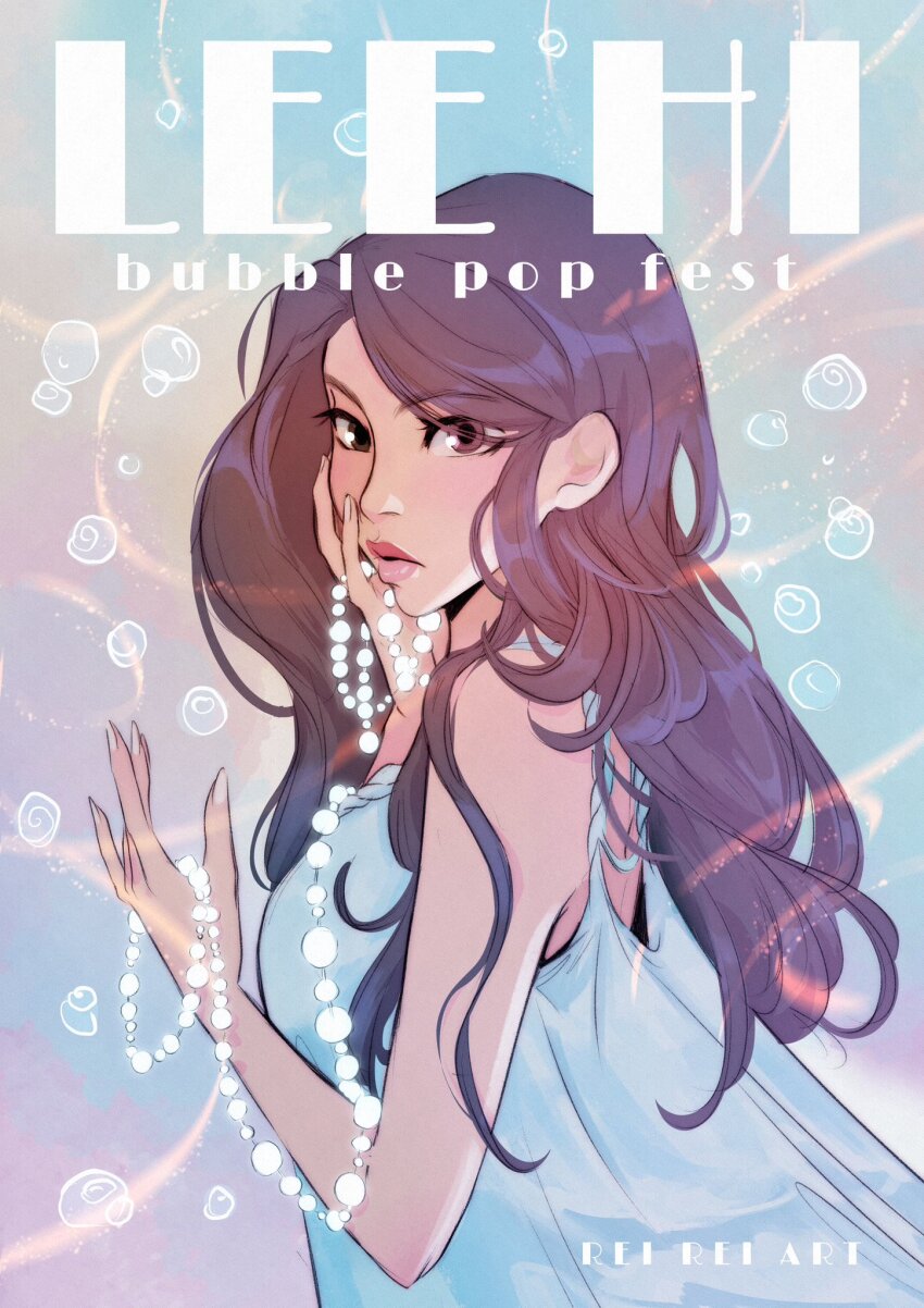1girl artist_name_(singer) blue_dress brown_eyes brown_hair closed_mouth dress eyelashes highres k-pop lee_hi long_hair profile rachel12art real_life solo upper_body