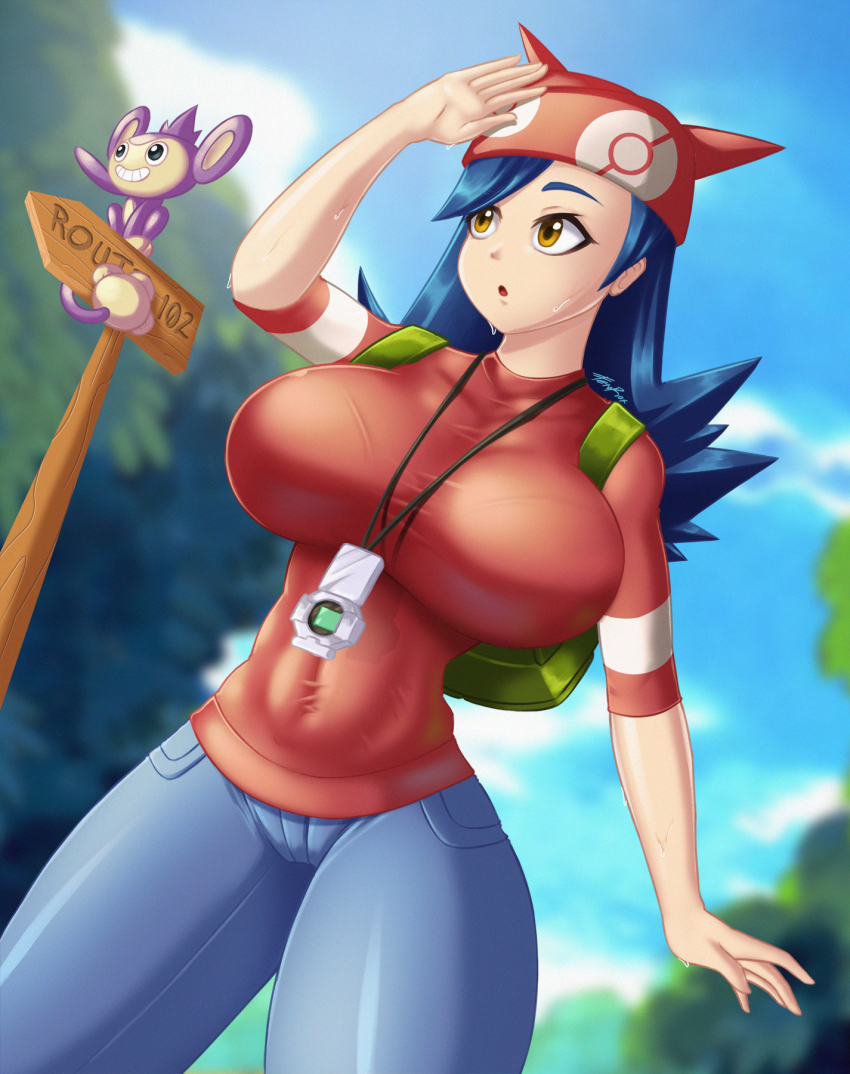 1girl :o aipom alternate_breast_size arm_up backpack bag bandana blue_hair blue_pants blue_sky blurry blurry_background breasts coach commentary_request covered_navel day dutch_angle english_text fenrox game_freak gen_2_pokemon grin hand_to_forehead highres large_breasts lisa_(pokemon) long_hair looking_afar nintendo open_mouth outdoors pants poke_ball_print pokegear pokemon pokemon_(anime) pokemon_(classic_anime) pokemon_(creature) pokemon_3:_the_movie_-_spell_of_the_unown:_entei print_bandana red_bandana red_shirt shirt sign signature signpost sky smile sweat teeth tree yellow_eyes
