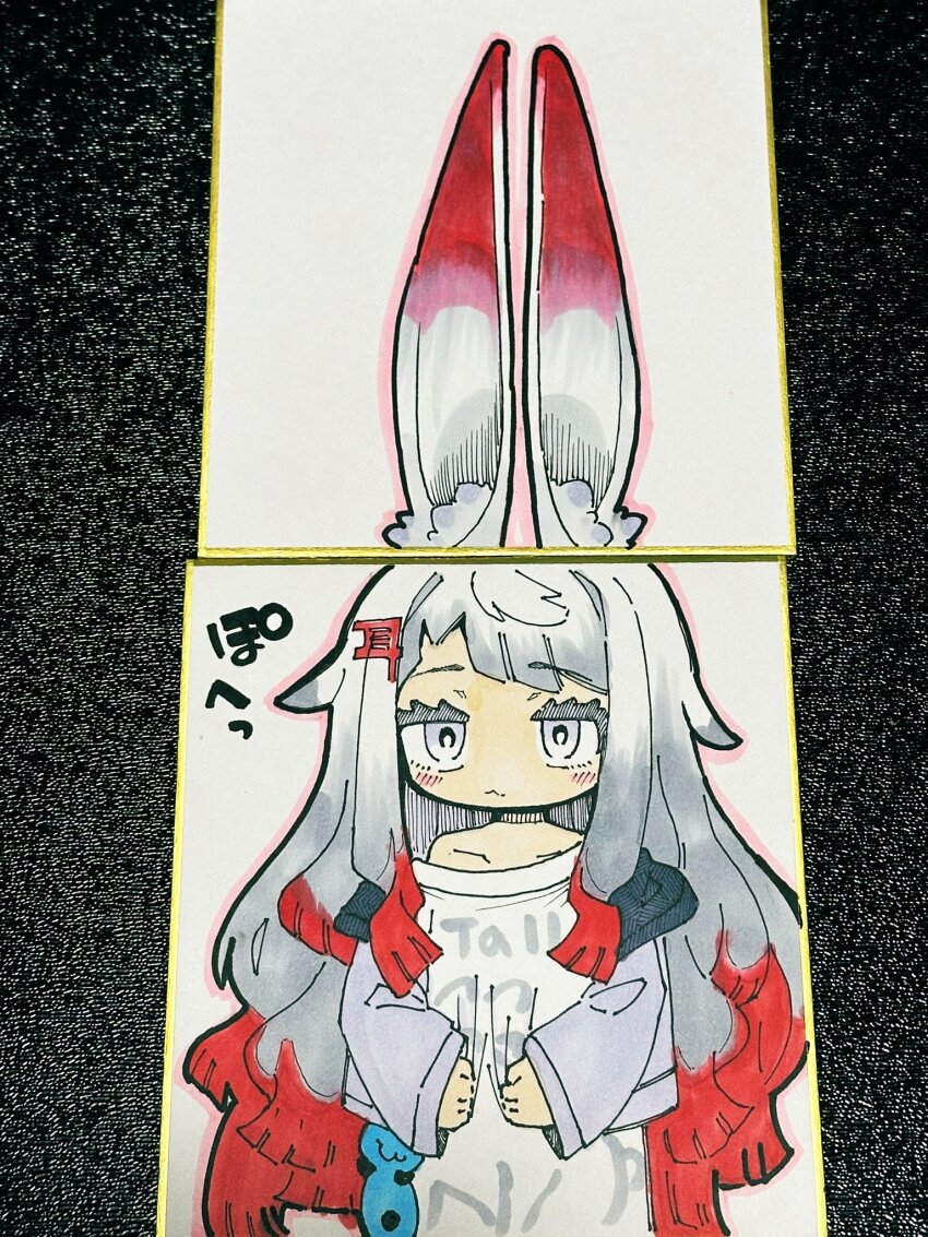 1girl :3 animal_ear_fluff animal_ears blush closed_mouth clothes_grab commentary_request grey_eyes grey_hair hatching_(texture) highres kanji_hair_ornament long_hair long_sleeves miminoko_(vrchat) okuva print_shirt rabbit_ears red_hair shikishi shirt shirt_grab simple_background single_bare_shoulder single_off_shoulder solo traditional_media translation_request vrchat white_shirt