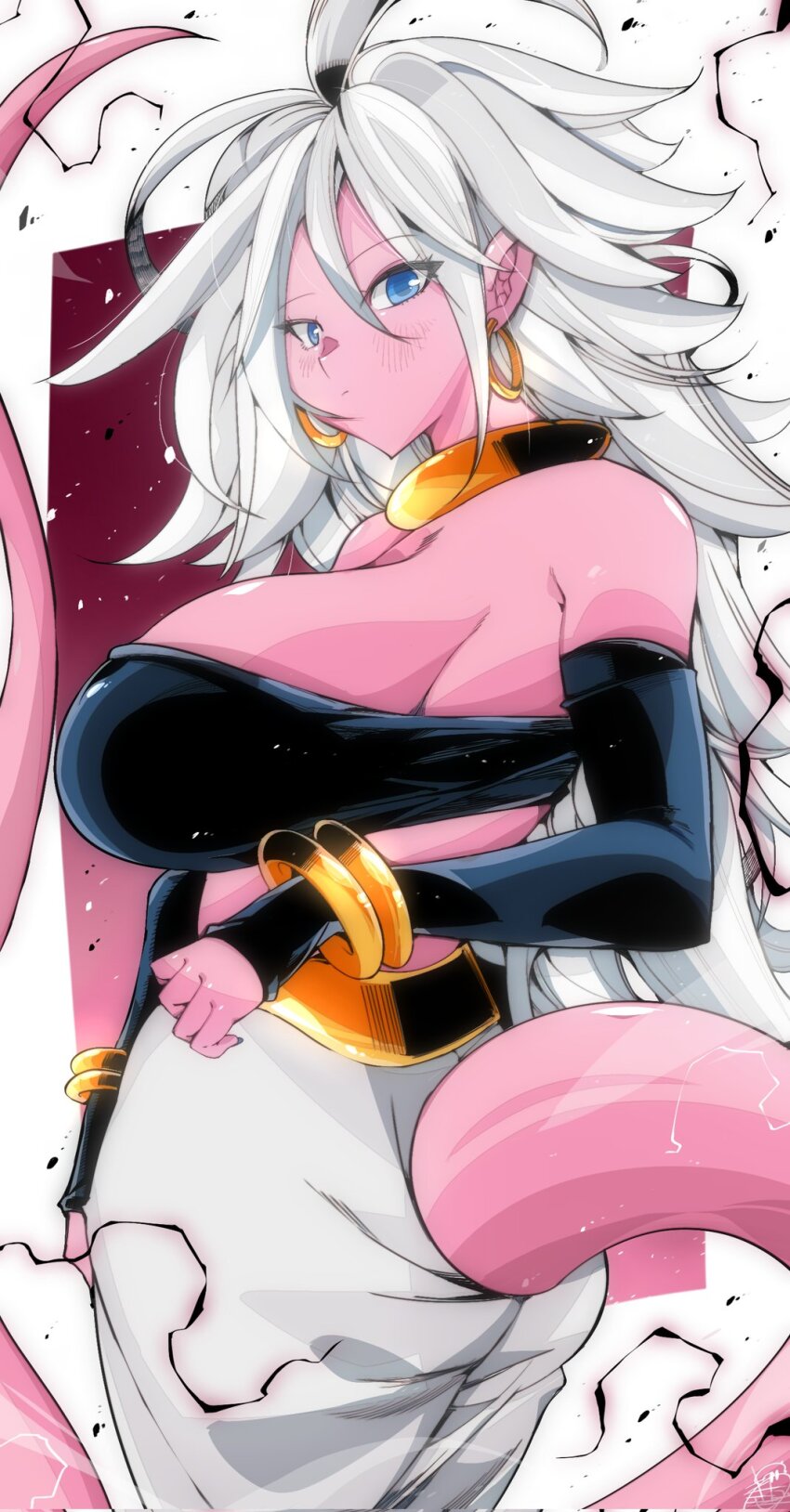 1girl android android_21 arc_system_works ass bandeau bare_shoulders blue_eyes blue_nail_polish blue_nails bracelet breasts closed_mouth colored_skin detached_sleeves dragon_ball dragon_ball_fighterz ear_piercing earrings elbow_gloves female_focus gloves gold_bracelet gold_earrings hair_between_eyes harem_pants highres hoop_earrings huge_breasts jewelry kinakomochi_(user_vedc2333) long_hair looking_at_viewer majin_android_21 midriff nail_polish pants piercing pink_skin pink_tail sideboob signature solo standing tail very_long_hair white_hair white_pants