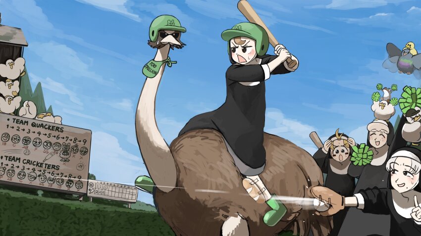 4girls baby_animal ball baseball baseball_(object) baseball_bat baseball_glove bird blonde_hair brown_hair chicken clumsy_nun_(diva) commentary diva_(hyxpk) duck duckling english_commentary frog froggy_nun_(diva) green_footwear green_helmet grey_hair habit helmet highres little_nuns_(diva) multiple_girls nun ostrich pigeon pom_pom_(cheerleading) sheep_nun_(diva) slice_of_life smug_nun_(diva) traditional_nun