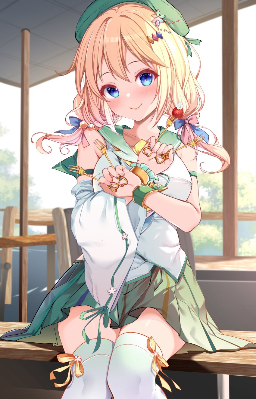 1girl absurdres beret blonde_hair blue_eyes blush bow chair collarbone detached_sleeves food fork fruit green_hat green_skirt hair_between_eyes hair_bow hair_ornament hat highres holding holding_fork long_hair origami_aya original outdoors shirt sidelocks sitting skirt sky smile solo strawberry table thighhighs twintails white_shirt white_sky white_thighhighs wide_sleeves