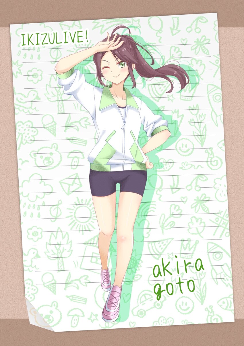 1girl alt_text arm_up bike_shorts black_shorts border brown_border brown_hair character_name closed_mouth collarbone commentary_request copyright_name drop_shadow floating_hair full_body goto_akira green_background green_eyes hand_on_own_hip highres ikizulive!_love_live!_bluebird jacket long_hair looking_at_viewer love_live! matsurugi_tsukasa pink_shoes ponytail shirt shoes short_sleeves shorts sidelocks sleeves_pushed_up smile solo split_mouth white_jacket white_shirt